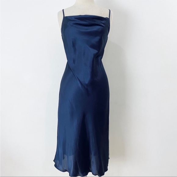 Bebe satin effect spaghetti strap cowl neck midi  dress in navy - Picture 1 of 10